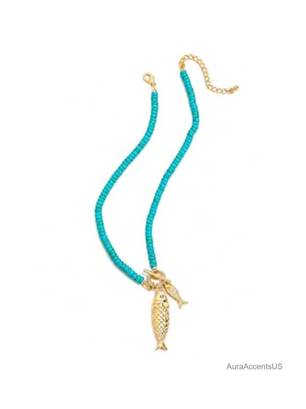 Gold Fish Pendant Necklace with Green Beads Boho Beach Jewelry
